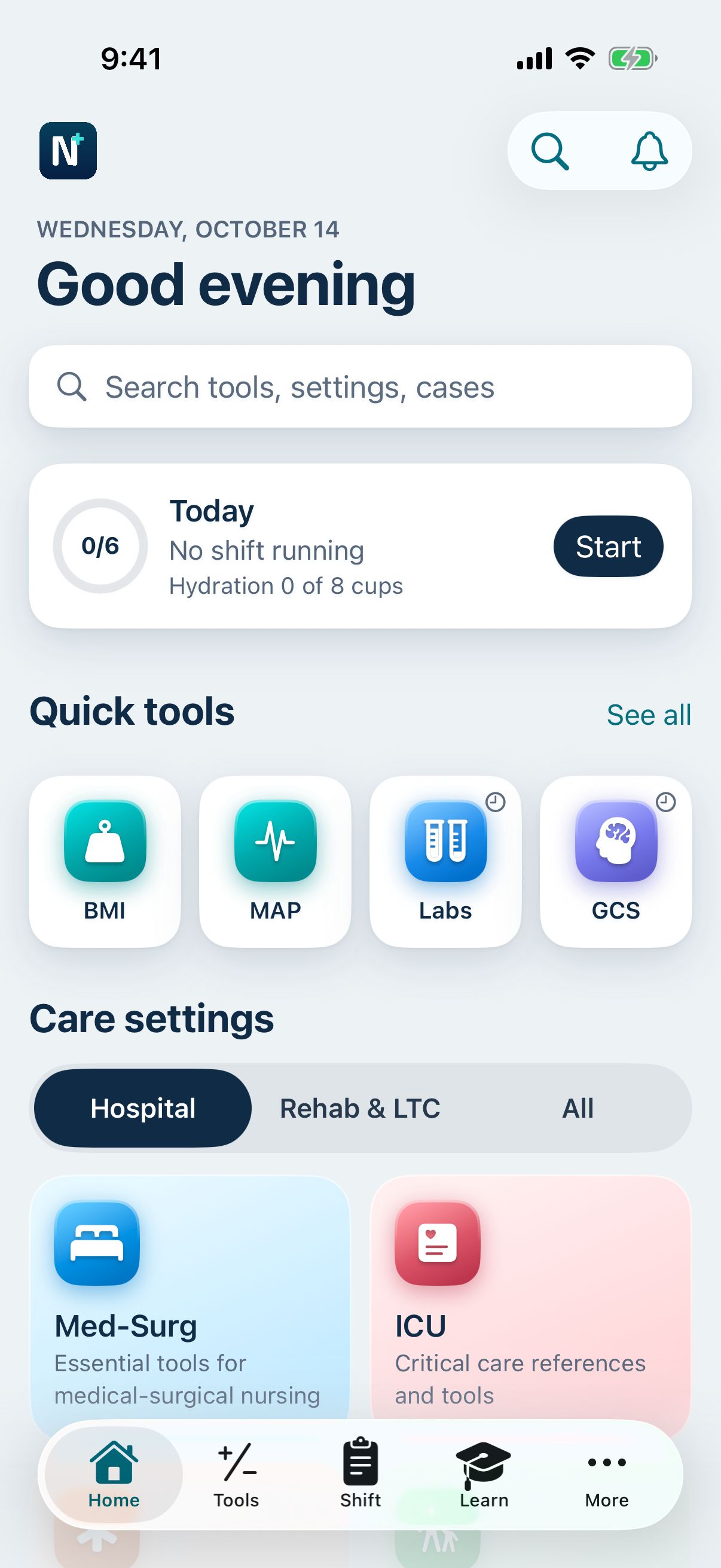 NurseTools Home screen on iPhone