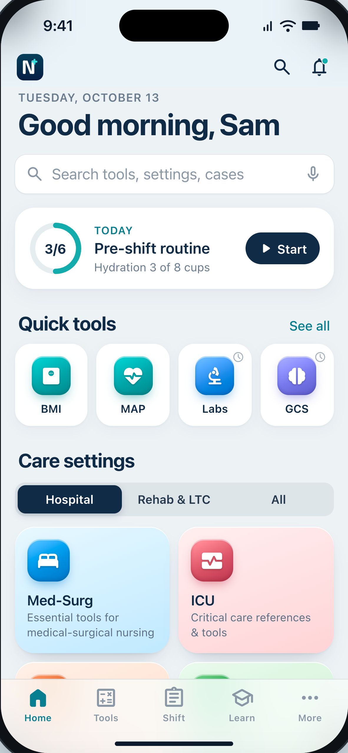 NurseTools Home screen on iPhone