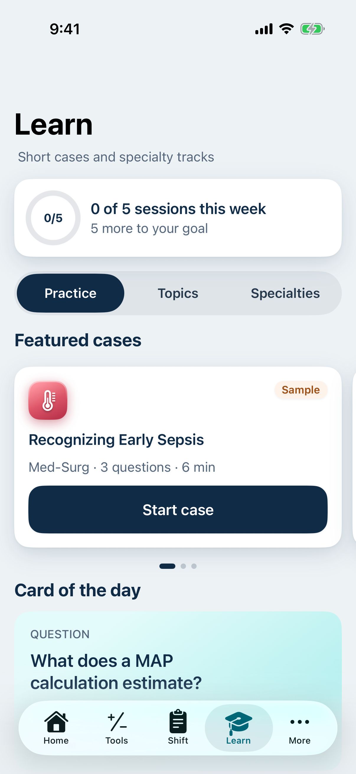 NurseTools Learn tab with a weekly goal, featured practice cases and a flashcard