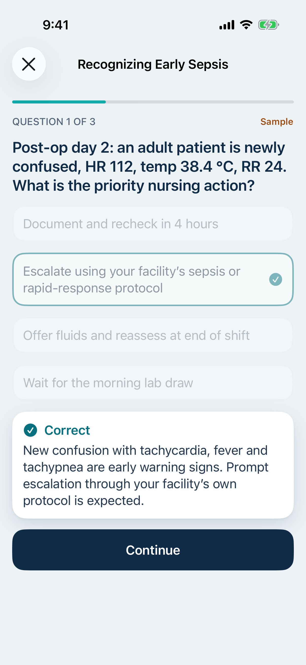 NurseTools practice case question about recognizing early sepsis
