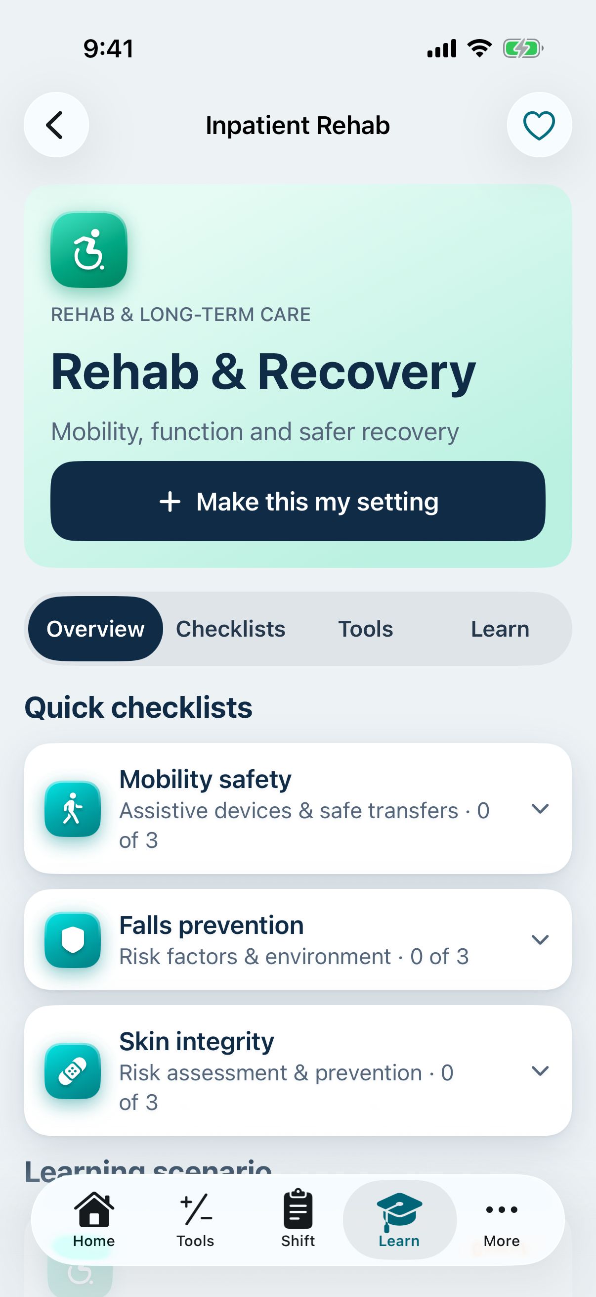 NurseTools Rehab and Recovery hub with checklists