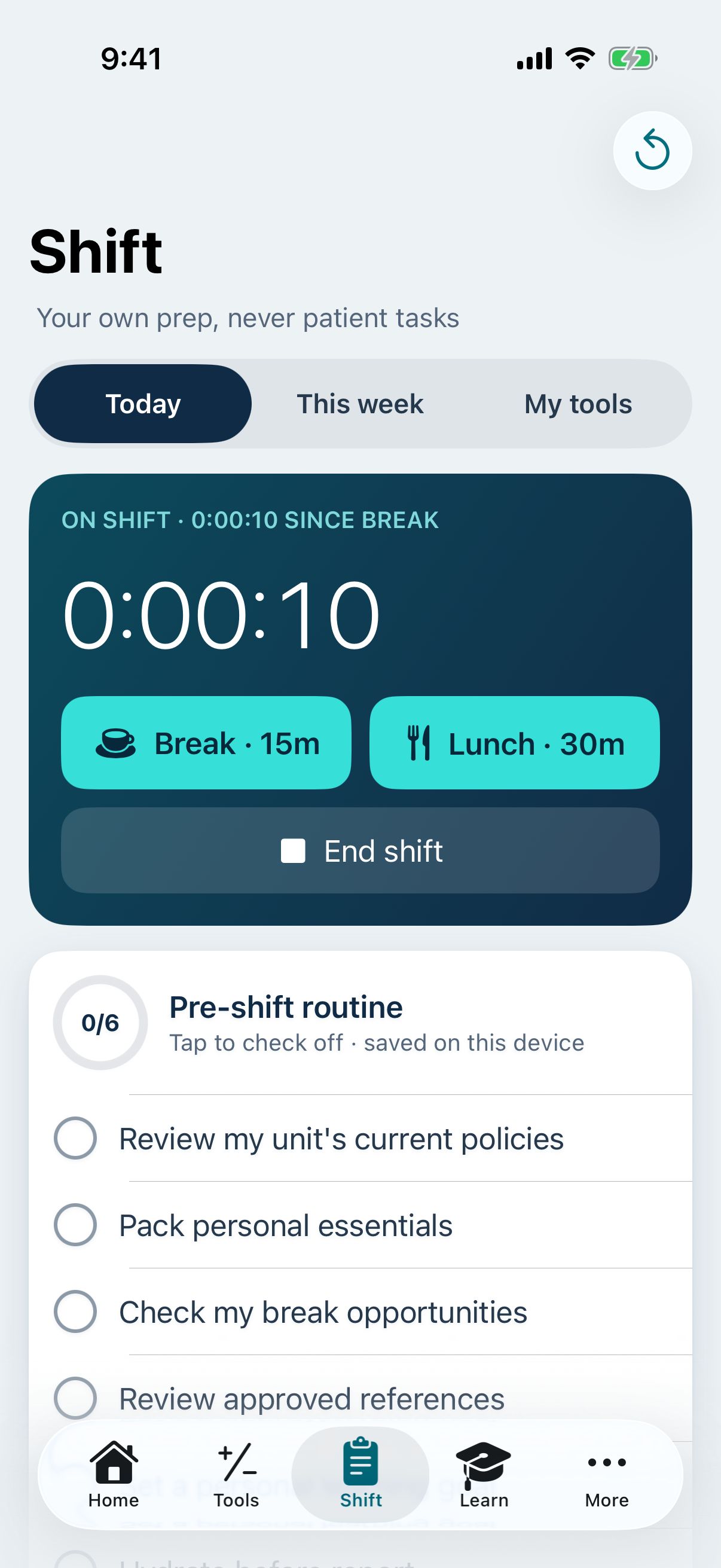 NurseTools Shift screen with timer and pre-shift checklist