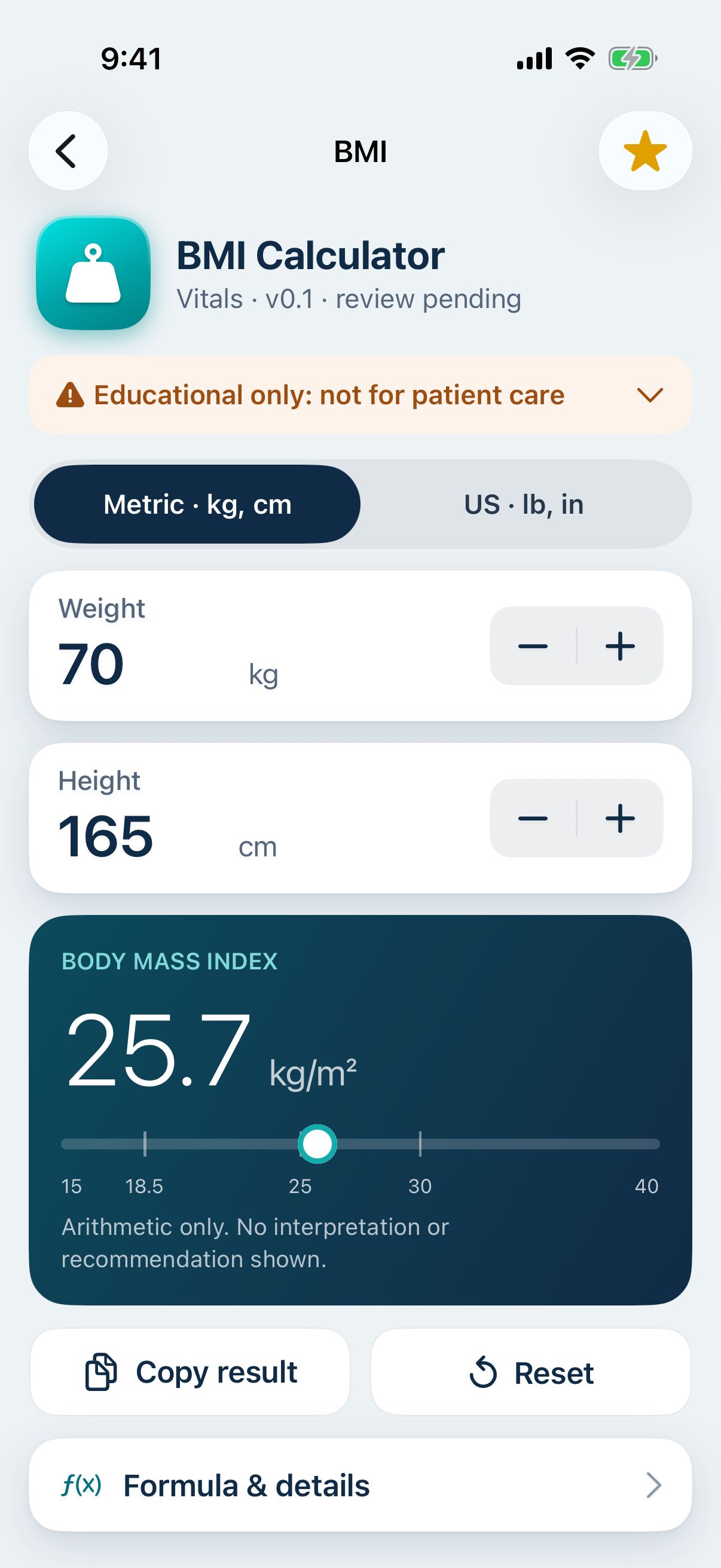 NurseTools BMI calculator with live result and neutral scale