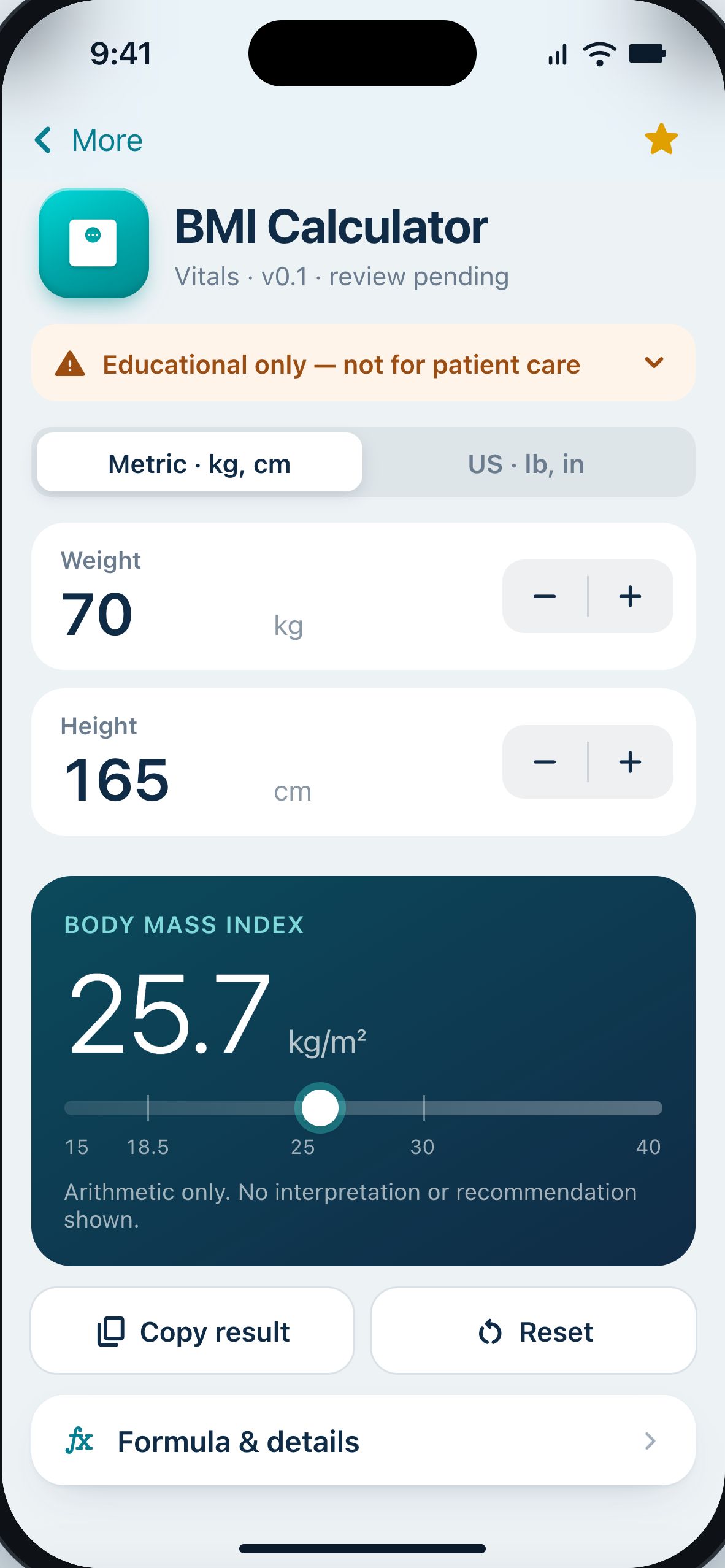 NurseTools BMI calculator with live result and neutral scale