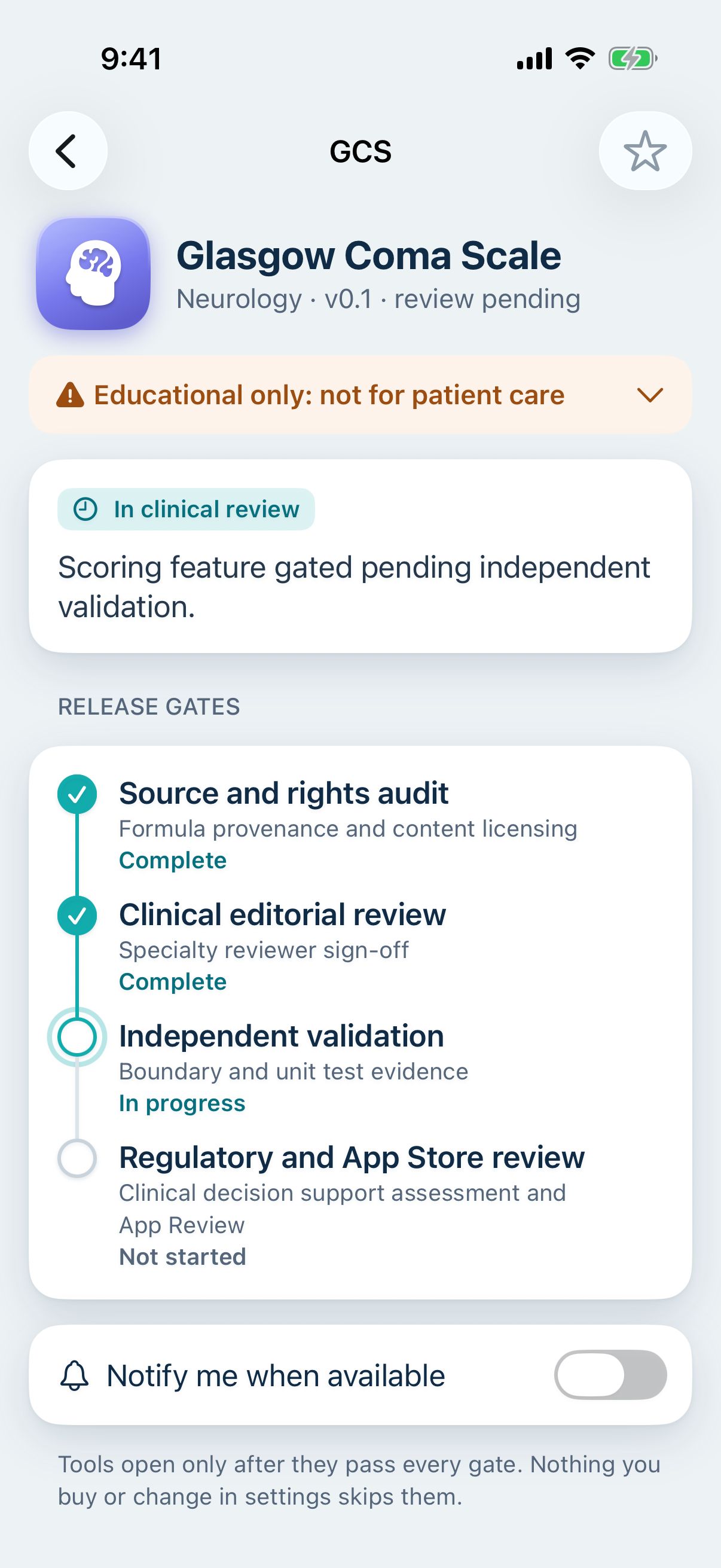 NurseTools Glasgow Coma Scale page showing release gates still in progress