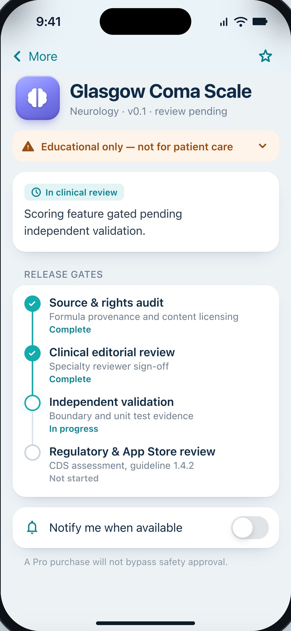 NurseTools Glasgow Coma Scale page showing release gates still in progress