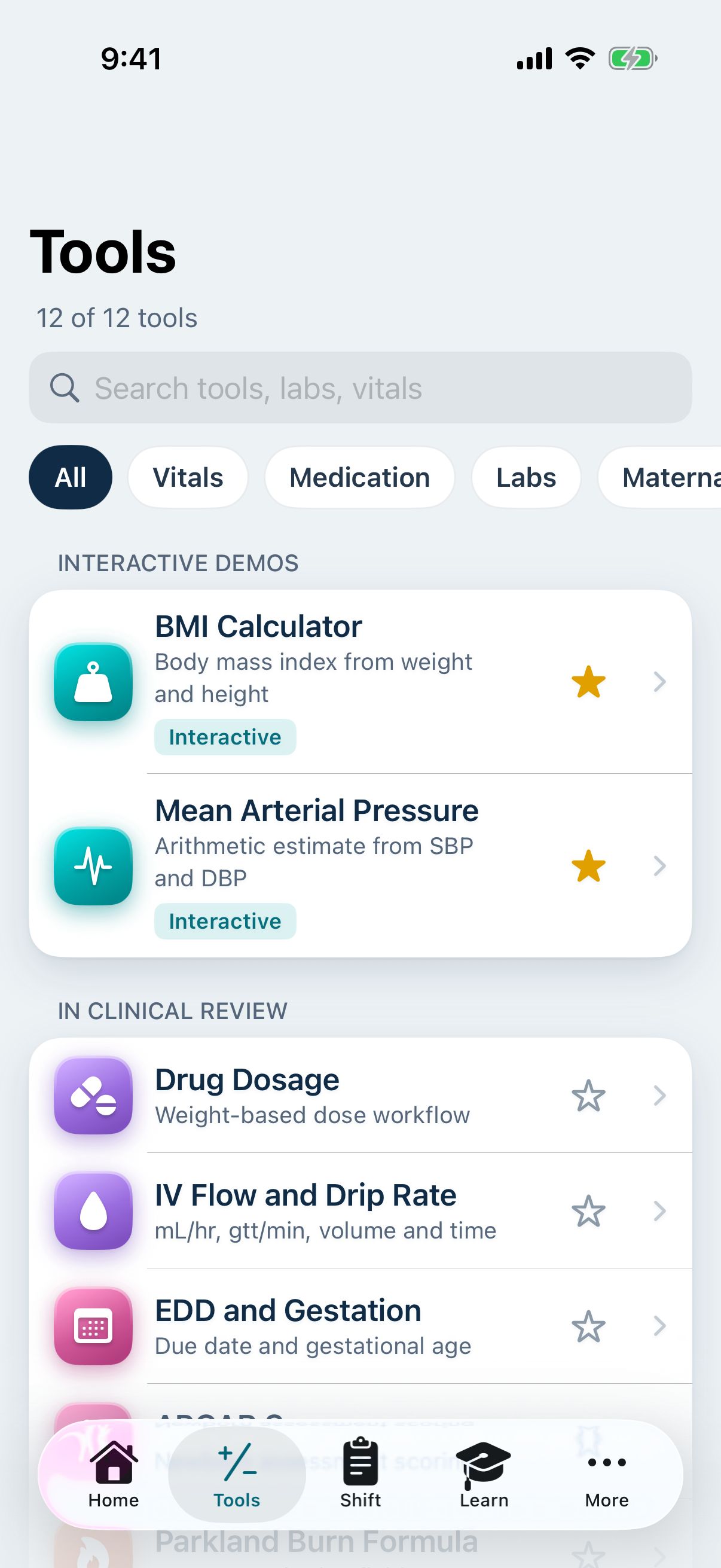 NurseTools Tools list showing interactive tools and locked tools