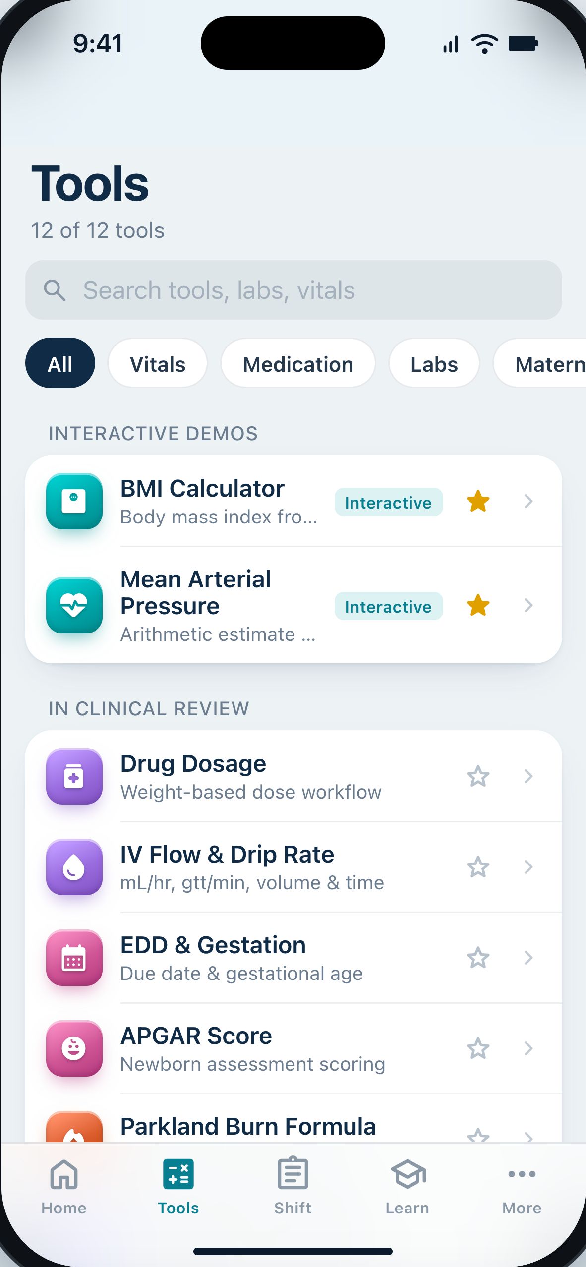 NurseTools Tools list showing interactive tools and tools in clinical review